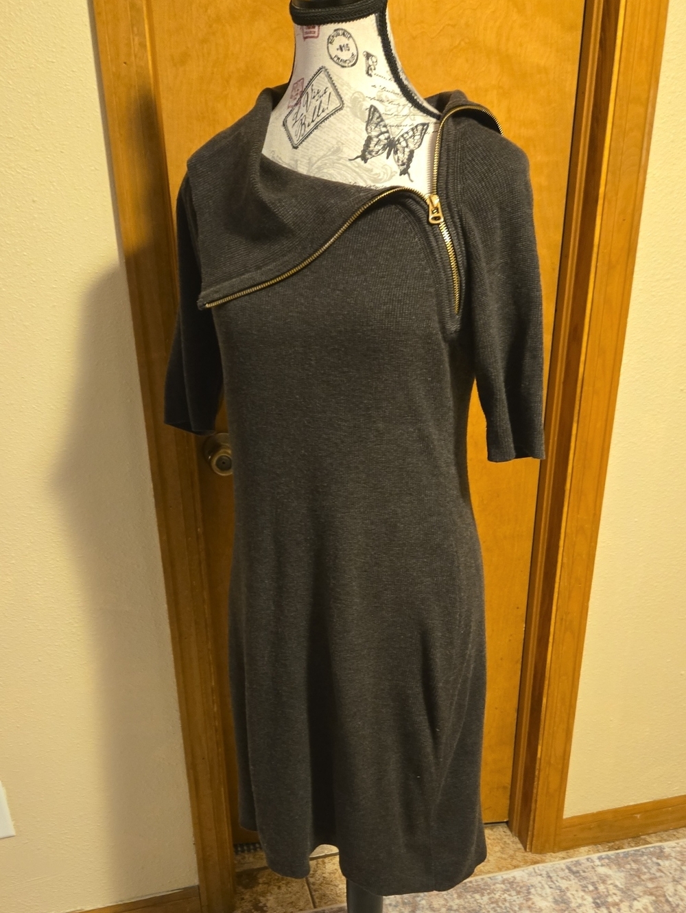 Calvin Klein Brown Asymmetrical Gold Zip Knit Short Sleeve Sweater Dress Size M